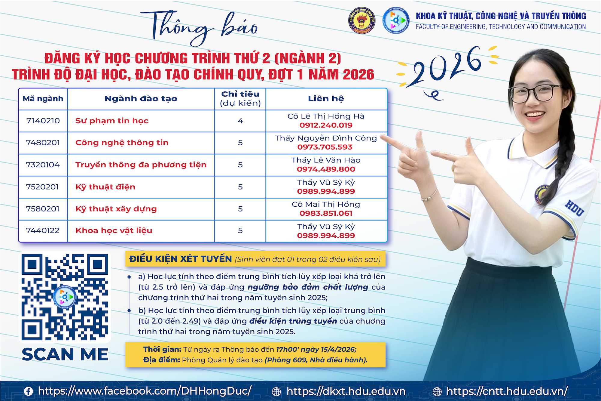 Thông báo đăng ký học chương trình thứ hai (ngành 2) trình độ đại học, đào tạo chính quy, đợt 1 năm 2026.